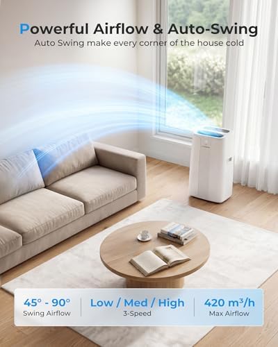 Portable Air Conditioner 14000 BTU, 4-in-1 Cooling, Dehumidifier, Fan & Sleep Mode, 24-Hour Timer, Auto-Swing, Remote Control, Exhaust Hose