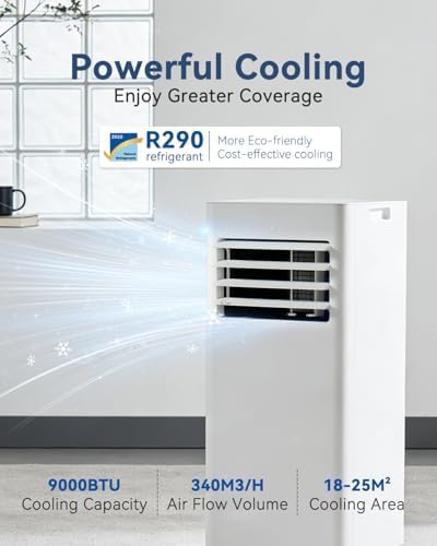 9000 BTU Portable Air Conditioner with WiFi Control, 4-in-1 Cooling, Dehumidifier, Fan & Sleep Mode, Remote Control, 24-Hour Timer