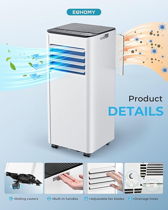 Portable Air Conditioner 9000 BTU, 4-in-1 Cooling & Dehumidifier, Energy Efficient, Quiet Operation, Digital Display, Window Kit, 24-Hour Timer